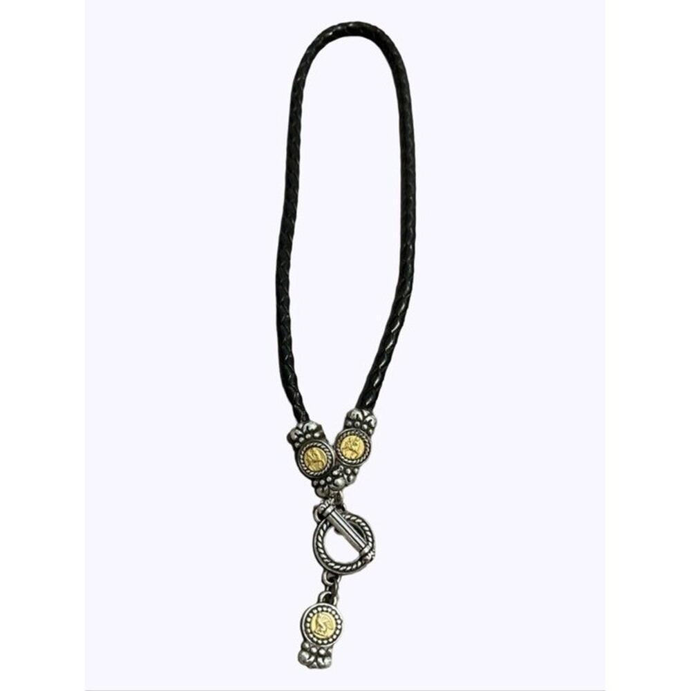 Brighton Braided Vintage Retired Black Leather Necklace Medallion Pendant